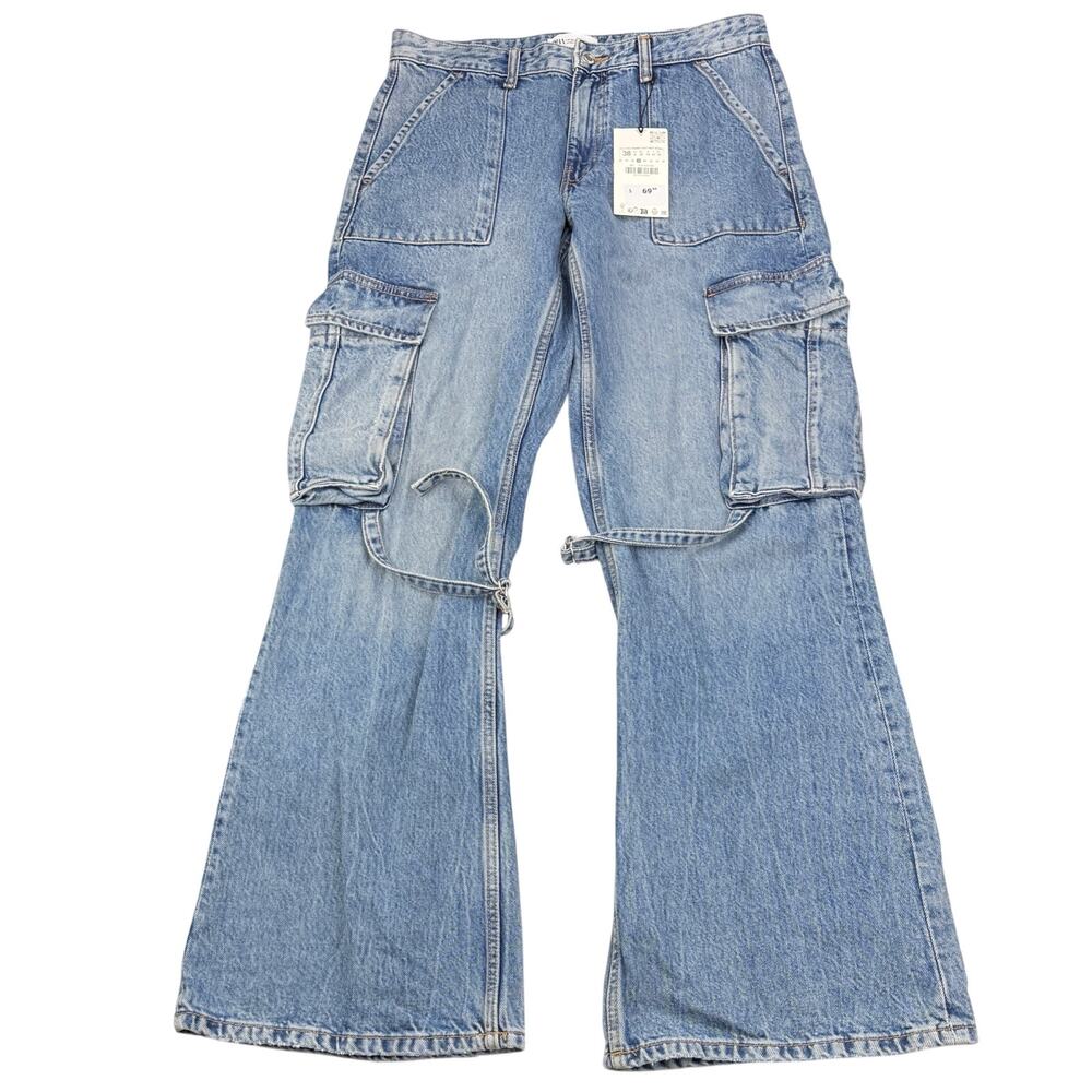 NWT ZARA Mid Rise Cargo Wide Leg Jeans Blue Size 6 - Picture 7 of 10